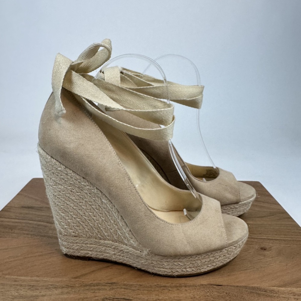 New Womens Jessica Simpson Zavida Beige Ankle Tie Platform Wedges Size 9.5 M‎